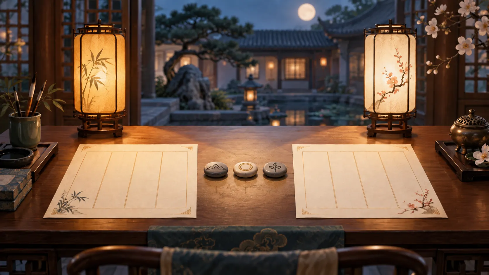 Two separate four-pillar sheets side by side beneath equal lanterns