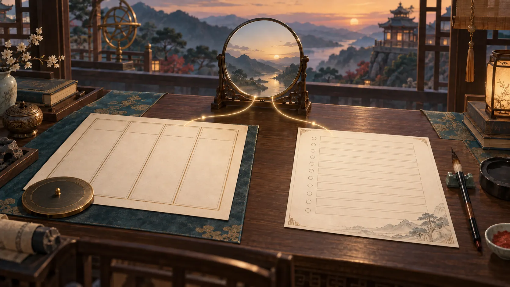 Separate blank four-pillar and questionnaire sheets on an observatory desk
